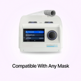 Frontal view of tubing and DeVilbiss Blue Auto Plus CPAP Machine compatible with any mask