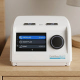 Frontal view of DeVilbiss Blue Auto Plus CPAP Machine on a nightstand