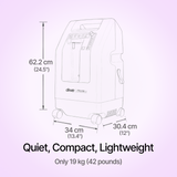 Outline of a DeVilbiss Compact 1025 10l/min Oxygen Concentrator with dimensions and weight information on a light purple background