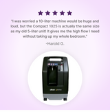 DeVilbiss Compact 1025 10l/min Oxygen Concentrator with customer review on a purple background