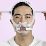 Close up front view of a man adjusting his ResMed AirFit™ F30i Full Face Mask
