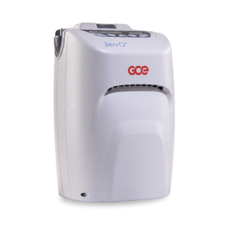 Angled view of GCE Zen-O Portable Oxygen Concentrator