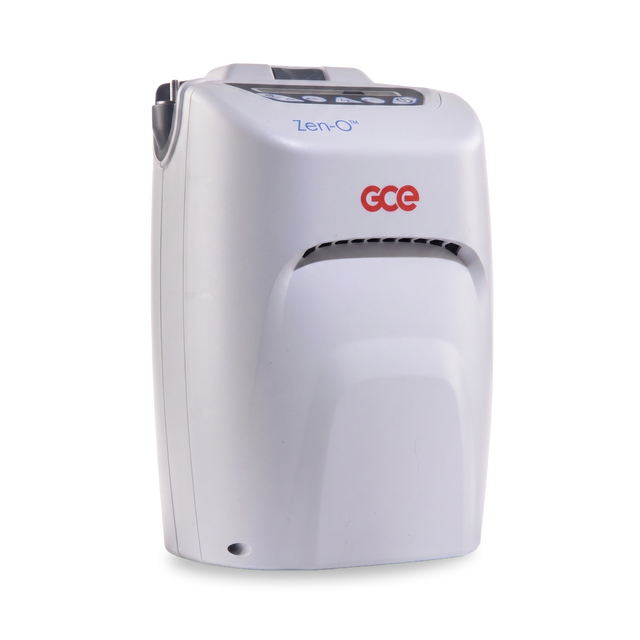 Angled view of GCE Zen-O Portable Oxygen Concentrator