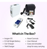 Full package contents of Inogen G5 portable oxygen concentrator with a single battery