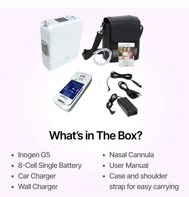 Full package contents of Inogen G5 portable oxygen concentrator with a single battery