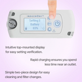 Inogen One G4 System Portable Oxygen Concentrator with a hand pressing a button on its display