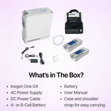 List of items included in a box with Inogen One G4 System Portable Oxygen Concentrator and accessories such as Power Supply cable, batteries and case.