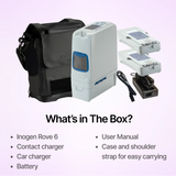 The full package includes Inogen Rove 6, charger, battery, case and shoulder strap for easy carrying.