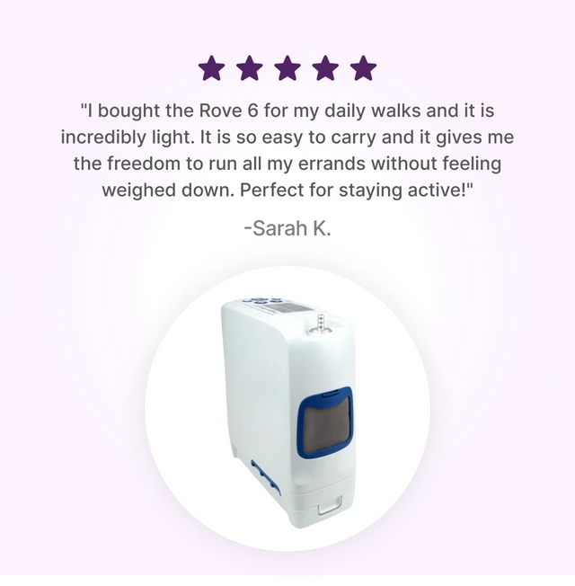 5-star customer review of Inogen Rove 6 portable oxygen concentrator with single battery