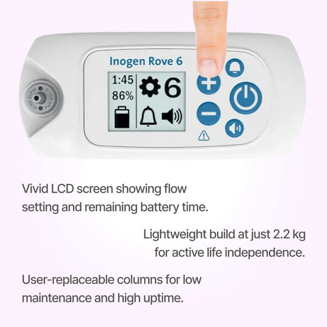 Close up of display controls of Inogen Rove 6 portable oxygen concentrator with single battery
