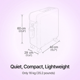 Diagram of a Krober 4.0 Oxygen Concentrator with dimensions and weight information on a light purple background
