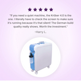 Krober 4.0 Oxygen Concentrator with a five-star rating and customer review on a light purple background