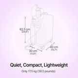 Diagram of KROBER AEROPLUS E 5l/min Oxygen Concentrator with dimensions and weight information on a light purple background