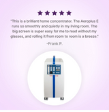 KROBER AEROPLUS E 5l/min Oxygen Concentrator with five-star rating and review text on a light purple background