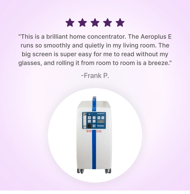 KROBER AEROPLUS E 5l/min Oxygen Concentrator with five-star rating and review text on a light purple background