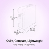 Diagram of a Kröber O2 Oxygen Concentrator with dimensions on a light purple background