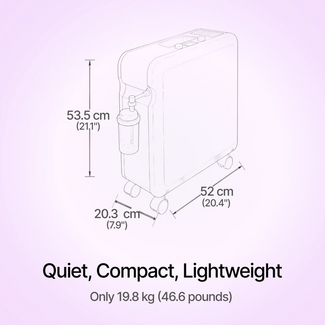 Diagram of a Kröber O2 Oxygen Concentrator with dimensions on a light purple background