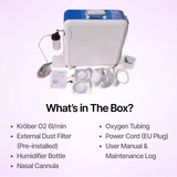 The Kröber O2 full package includes the concentrator, dust filter, humidifier bottle and tubing.