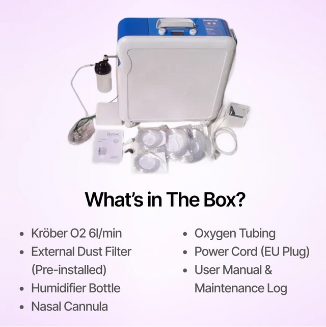 The Kröber O2 full package includes the concentrator, dust filter, humidifier bottle and tubing.