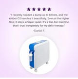 Kröber O2 Oxygen Concentrator with customer review on a purple background