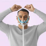 Person adjusting a Fisher & Paykel Evora Full Face CPAP Mask with a light purple background
