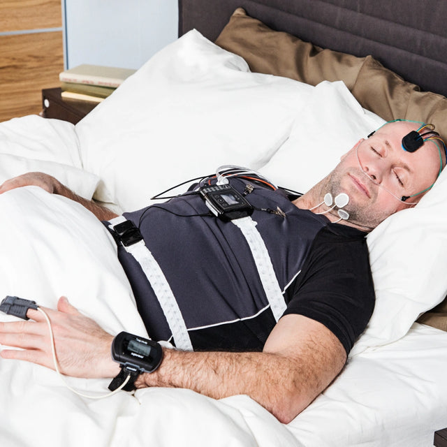 Man doing a sleep study with NOX A1 polysomnography (PSG) system