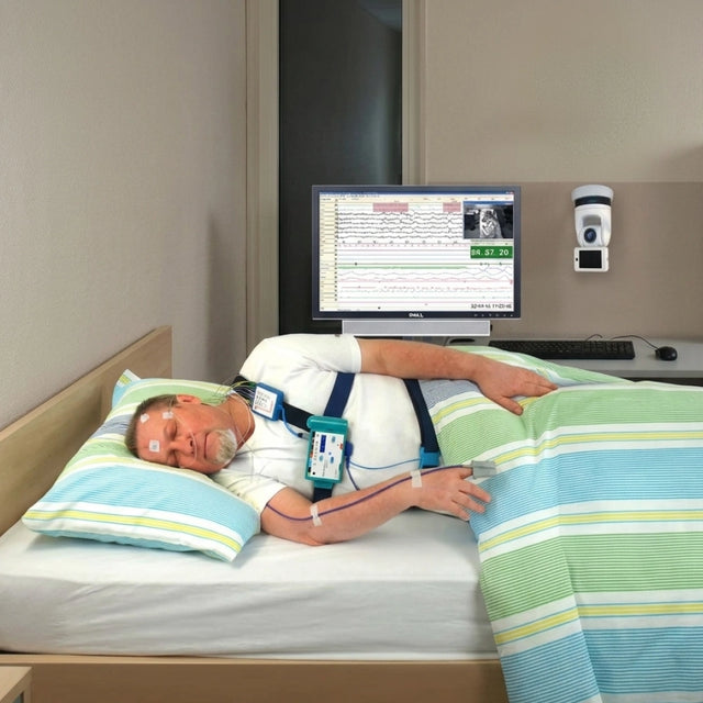 Man sleeping with SOMNOscreen™ Plus polysomnography (PSG) system