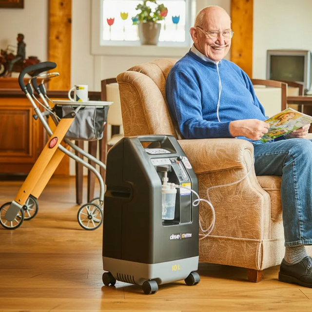 Man sitting in a chair with a DeVilbiss Compact 1025 10l/min Oxygen Concentrator next to him, smiling.
