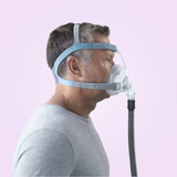 Person wearing a Fisher & Paykel Vitera Full Face CPAP Mask with a hose on a pink background