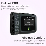 Side angle view of NOX A1 polysomnography (PSG) system that offers Full Lab PSG and Wireless Comfort