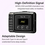 Side angle view of NOX A1 polysomnography (PSG) system which has high-definition signal and adaptable design