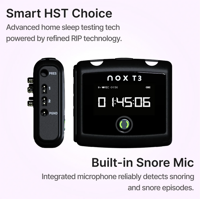 Front and side view of vhome sleep test system that's powered by refined RIP technology and has built-in snore microphone
