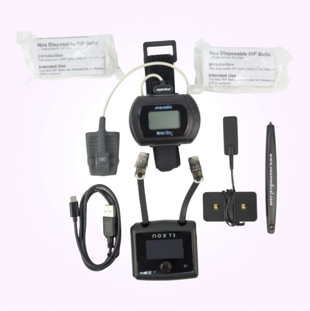 Front view of NOX T3s home sleep test system and all the parts