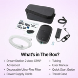 Philips Dreamstation 2 Auto CPAP full package includes the machine, tubing, power supply cable, and travel case.