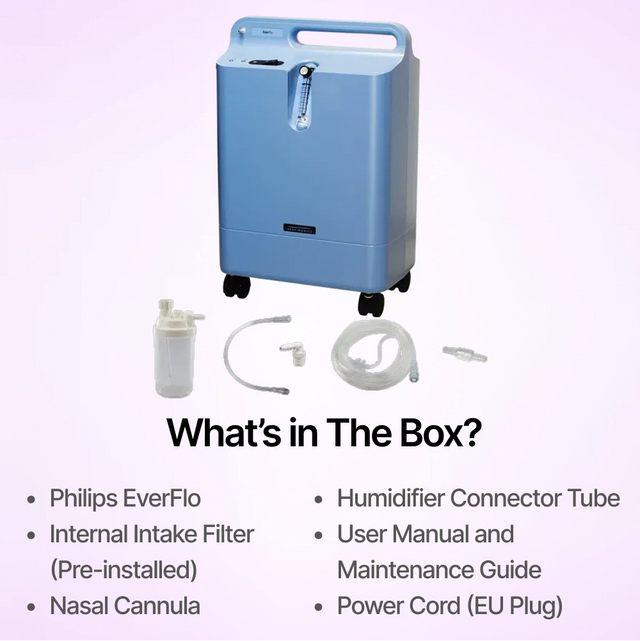 Philips EverFlo Home Oxygen System with accessories on a white background