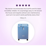 Philips EverFlo Home Oxygen System concentrator with customer review text on a light purple background