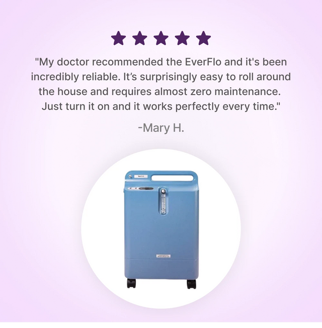 Philips EverFlo Home Oxygen System concentrator with customer review text on a light purple background