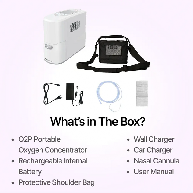 Full package contents of O2P portable oxygen concentrator