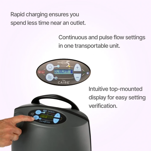 Controls close up of SeQual Eclipse 5 portable oxygen concentrator