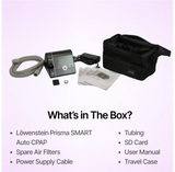 Prisma SMART Auto CPAP Machine full package includes tubing, sd card, spare filters, etc.