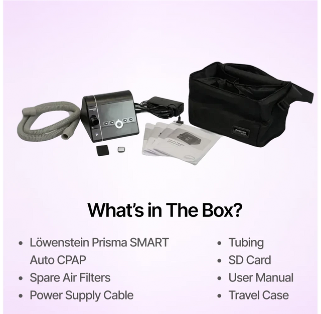 Prisma SMART Auto CPAP Machine full package includes tubing, sd card, spare filters, etc.