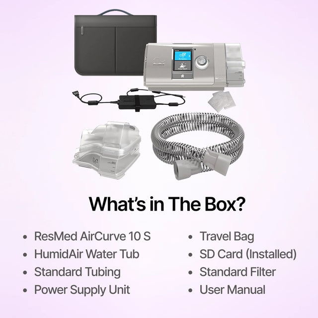 Full package contents of ResMed AirCurve 10 S BiPAP Device