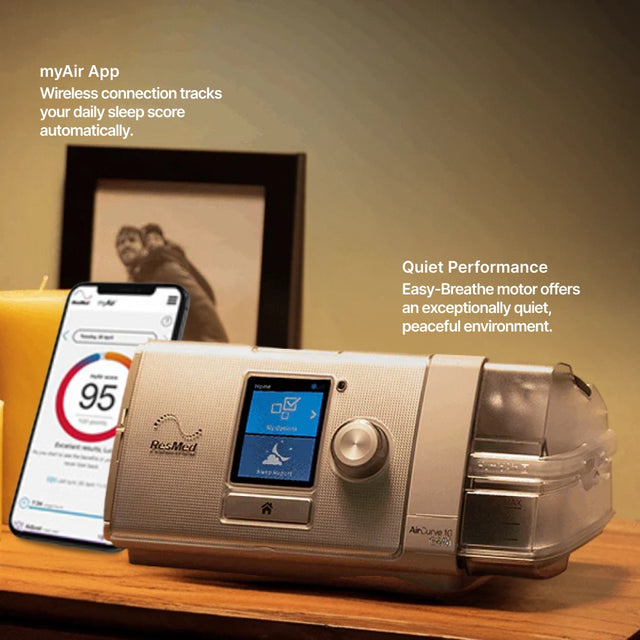 ResMed AirCurve 10 S BiPAP Device on a nightstand next to a phone displaying myAir app