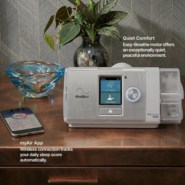 ResMed AirCurve 10 VAuto BiLevel Device on a nightstand next to a phone displaying myAir app