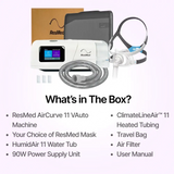 Full package contents of ResMed AirCurve 11 VAuto BiLevel Device bundle which contains mask of choice, HumidAir 11 Water Chamber, ClimateLineAir™ 11 Heated Tubing and more.
