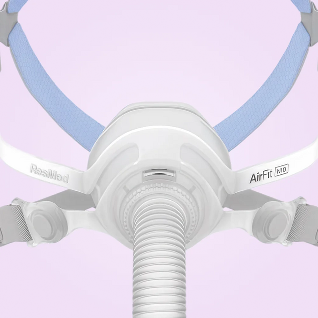 Frontal close up view of ResMed AirFit N10 Nasal CPAP Mask with Headgear
