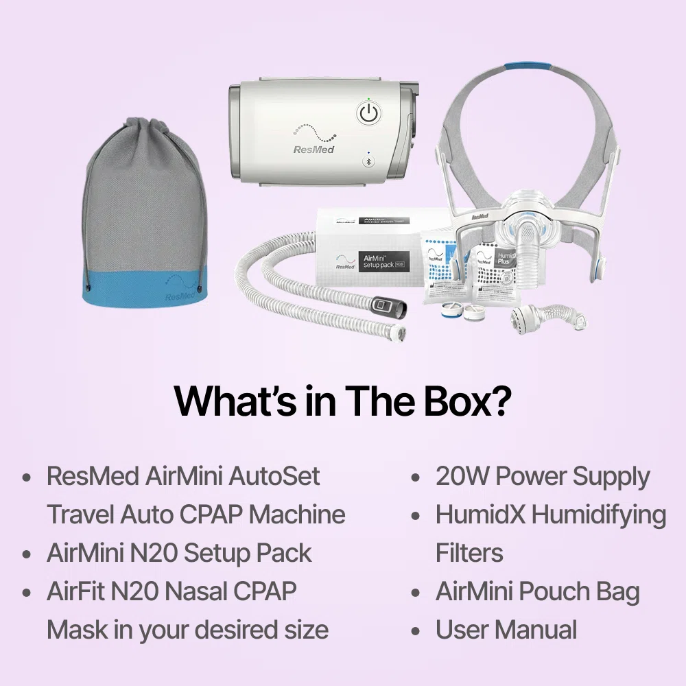 ResMed AirMini + AirFit N20 Mask Complete BUNDLE – CPAP Machines ResMed AirMini + AirFit N20 Mask Complete BUNDLE – CPAP Machines
