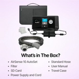 The full package for ResMed AirSense 10 AutoSet CPAP machine features filters, power supply and cord, hose and travel case.