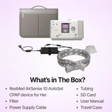 The full package for ResMed AirSense 10 AutoSet CPAP machine For Her features filters, power supply, tubing and travel case.