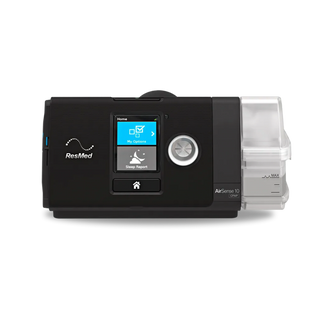 Front view of the ResMed AirSense 10 AutoSet CPAP machine with humidifier